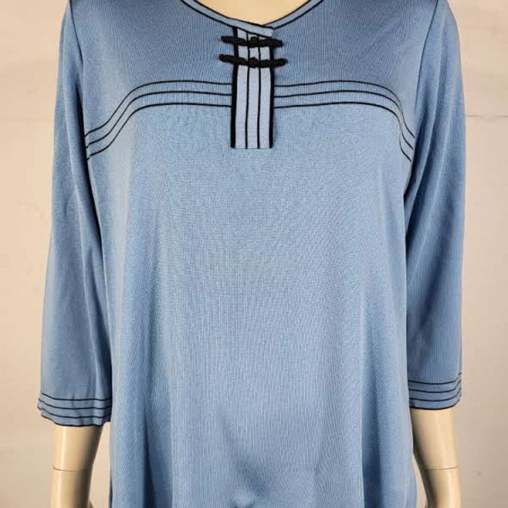 Exclusively Misook light blue black stripe long sleeve shirt blouse ladies Large